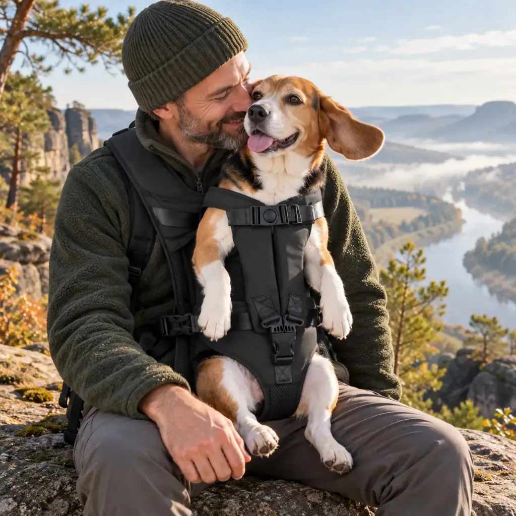 Mann trägt seinen Beagle im Hunderucksack auf einer Wanderung in der Sächsischen Schweiz