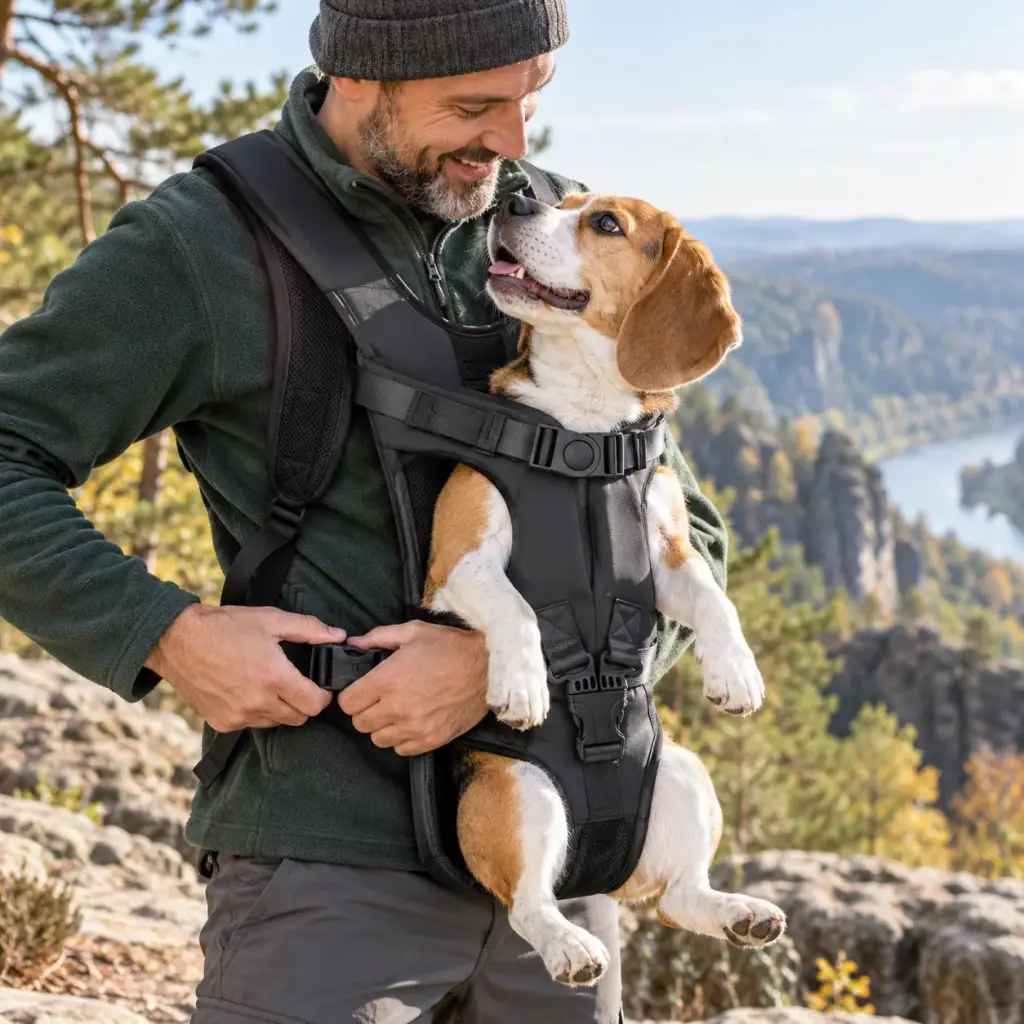 Mann schließt den Hüftgurt des Hunderucksacks, Beagle schaut heraus