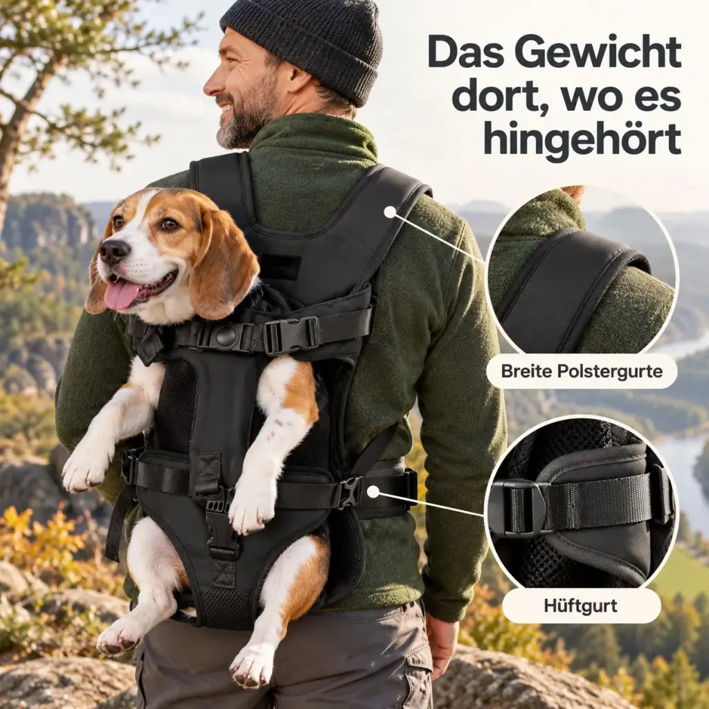 Breite gepolsterte Schultergurte und Hüftgurt des Hunderucksacks