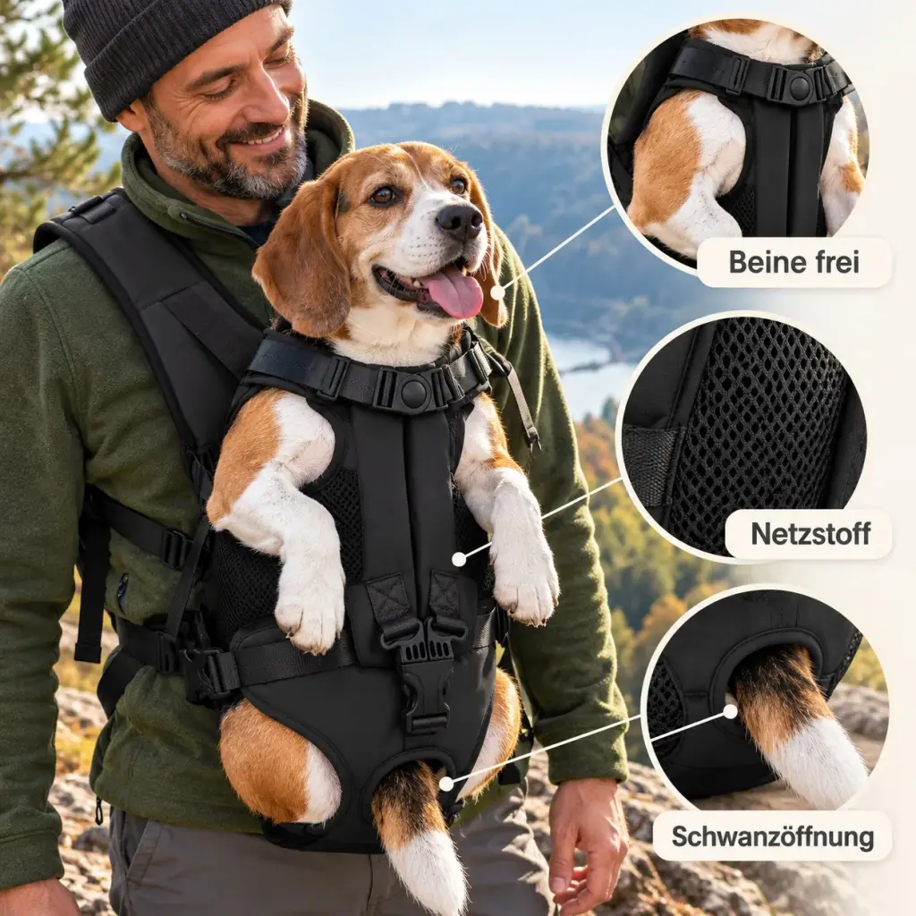 Beagle sitzt bequem im Rucksack, Beine und Schwanz frei