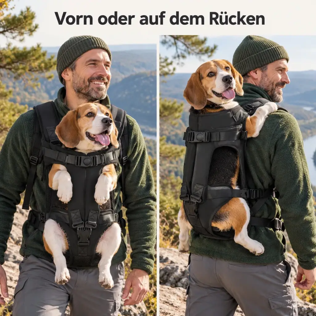 Hunderucksack auf dem Rücken getragen, Hund schaut über die Schulter