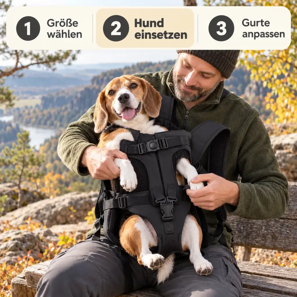 Hund wird in den Hunderucksack gesetzt und angeschnallt