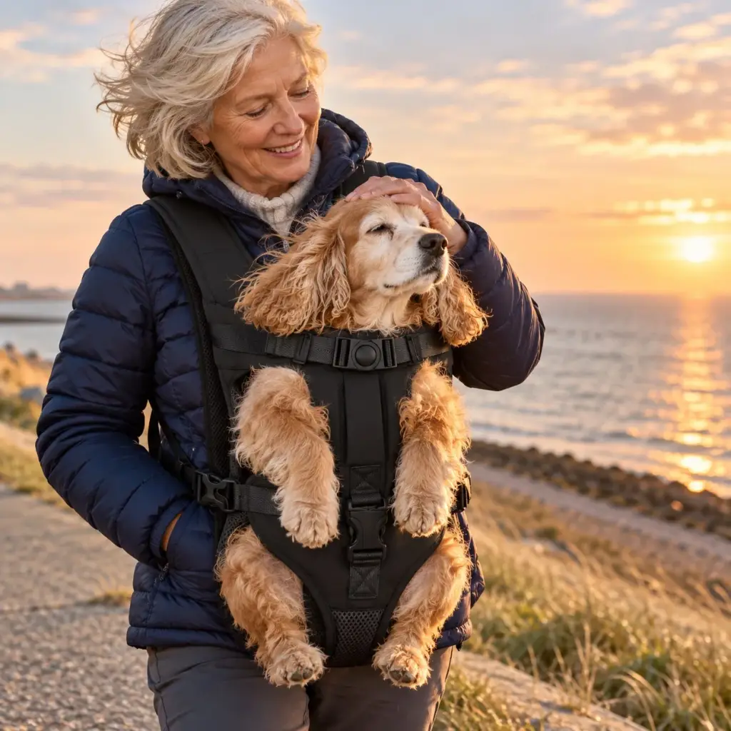 Älterer Cocker Spaniel genießt den Ausflug im Rucksack