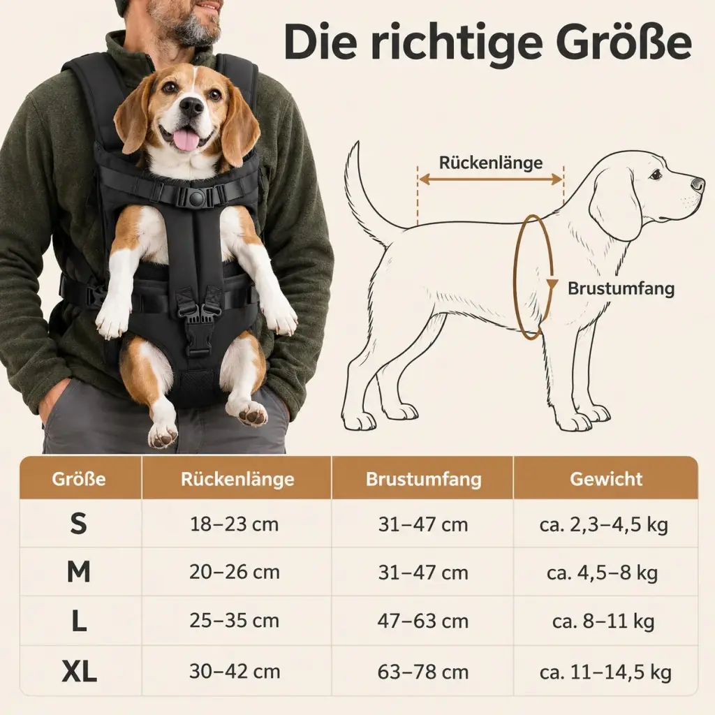 Größentabelle des Hunderucksacks S bis XL mit Rückenlänge, Brustumfang und Gewicht