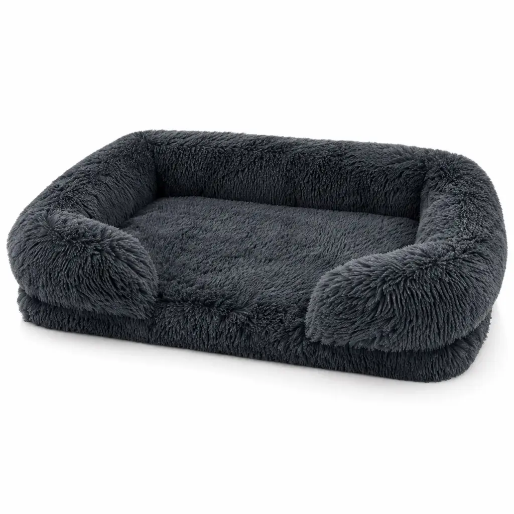 Hundesofa in Dunkelgrau mit flauschigem Langflor und Polsterrand