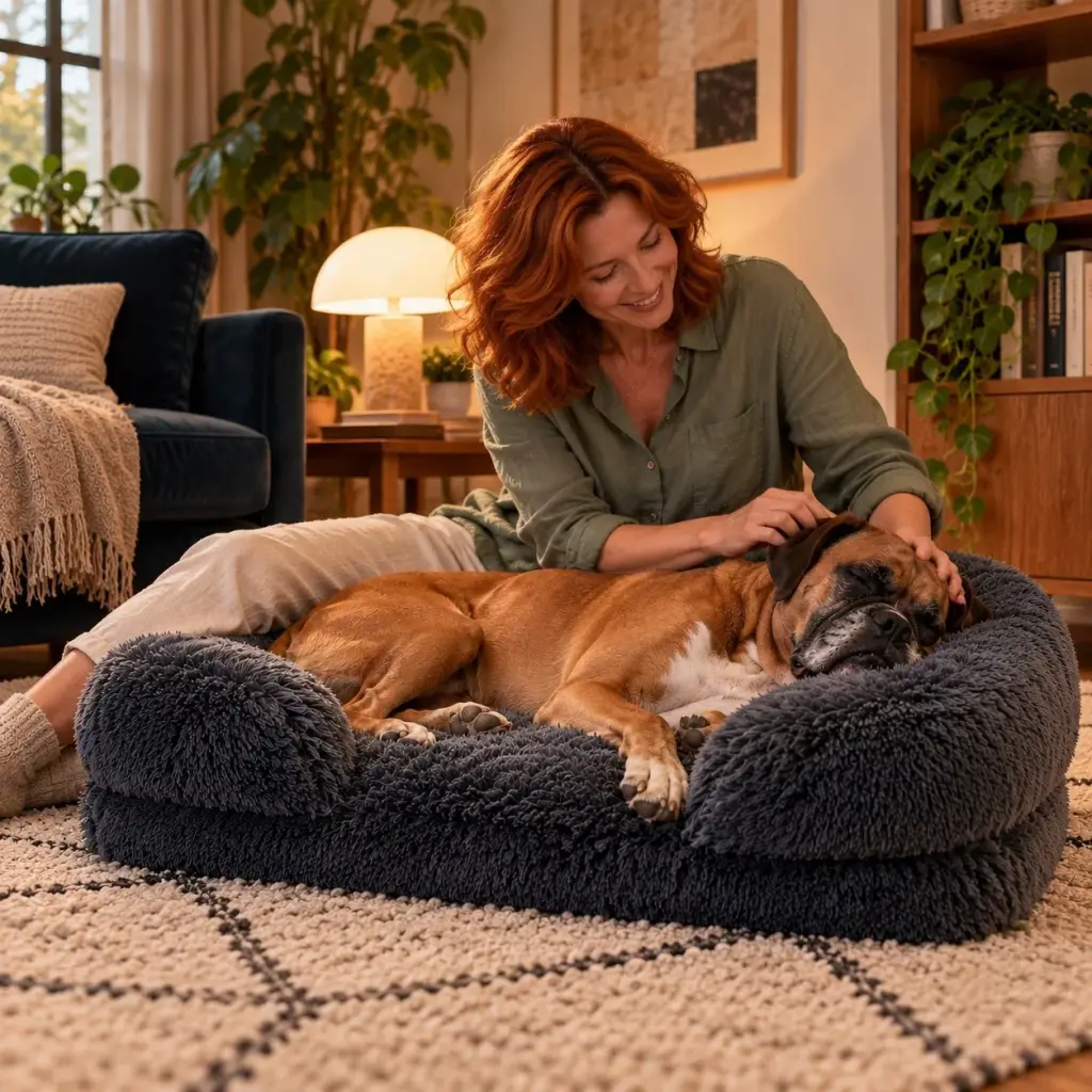 Frau streichelt ihre Boxerhündin auf dem Hundesofa