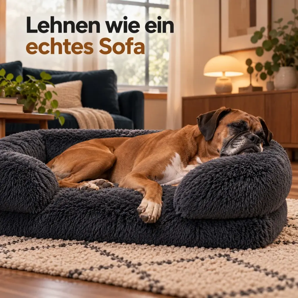 Hund legt den Kopf auf die gepolsterte Lehne des Hundesofas