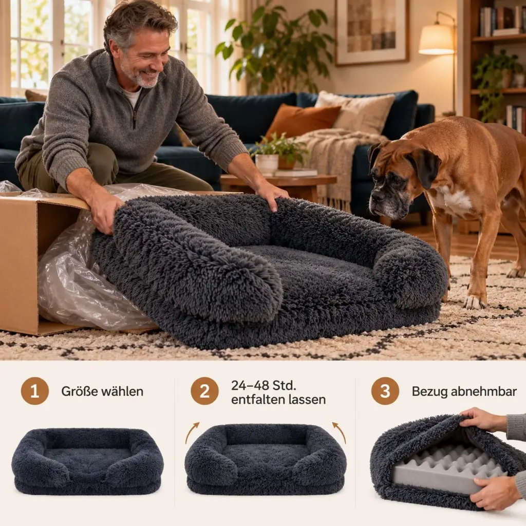 Hundesofa wird ausgepackt und entfaltet sich