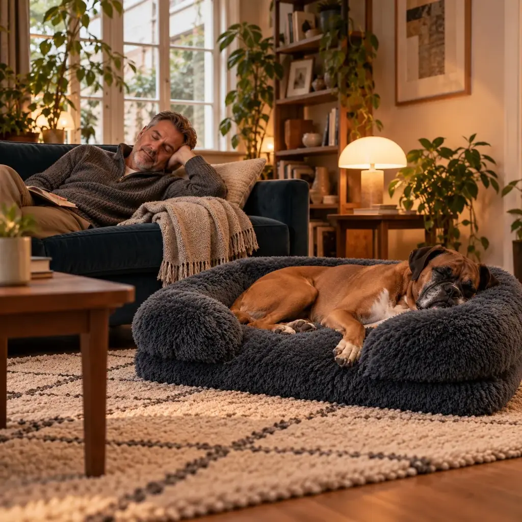 Hundesofa neben dem Familiensofa im Wohnzimmer