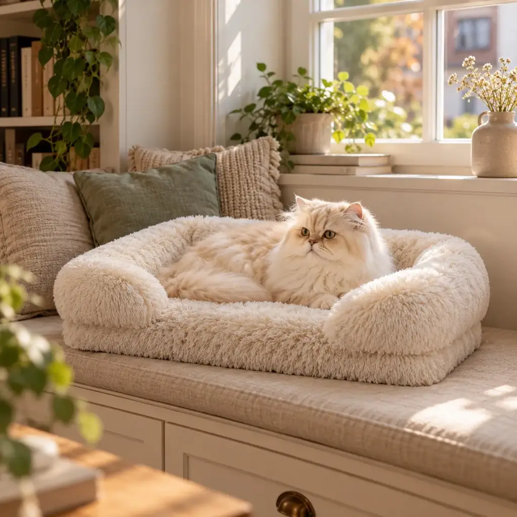 Katze liegt im kleinen weißen Hundesofa