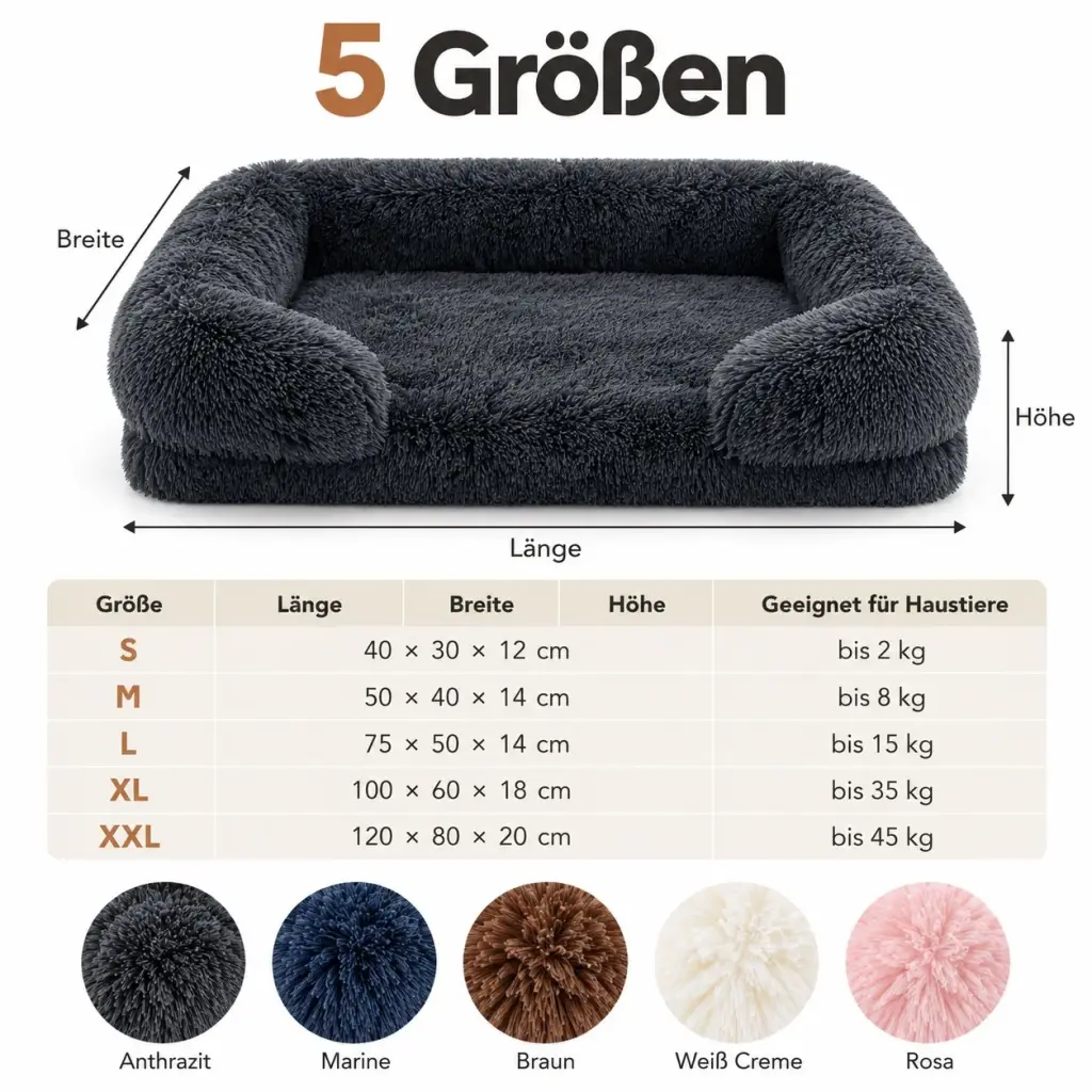 Größentabelle des Hundesofas S bis XXL und Farbauswahl
