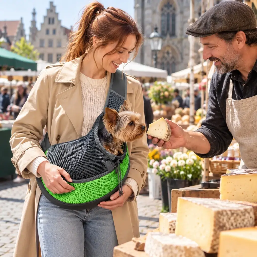 Junge Frau trägt ihren Yorkshire Terrier in der Hundetragetasche über den Wochenmarkt