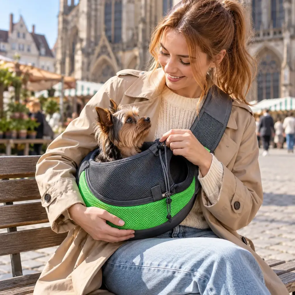 Frau setzt ihren kleinen Hund in die Tragetasche und hakt ihn am Geschirr ein