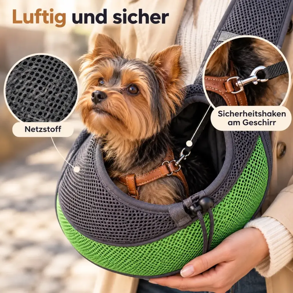Netzstoff und Sicherheitshaken der Hundetragetasche im Detail