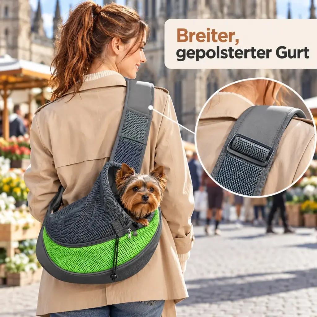 Breiter gepolsterter Schultergurt der Hundetasche zum Umhängen