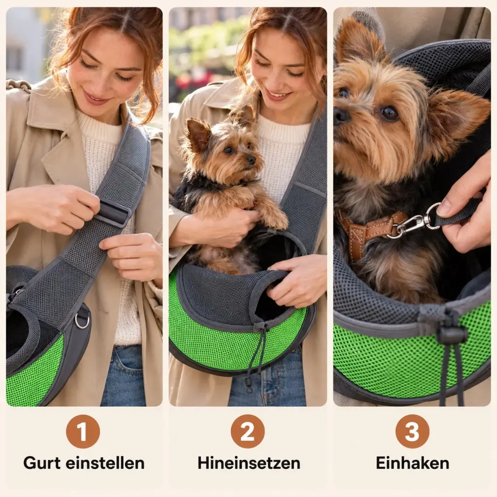 Gurt einstellen und Hund einhaken, Anleitung in drei Schritten