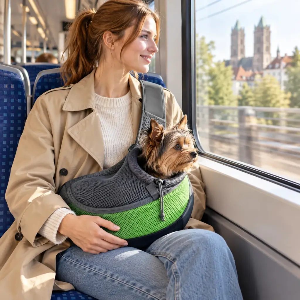 Kleiner Hund schaut in der S-Bahn entspannt aus der Tragetasche