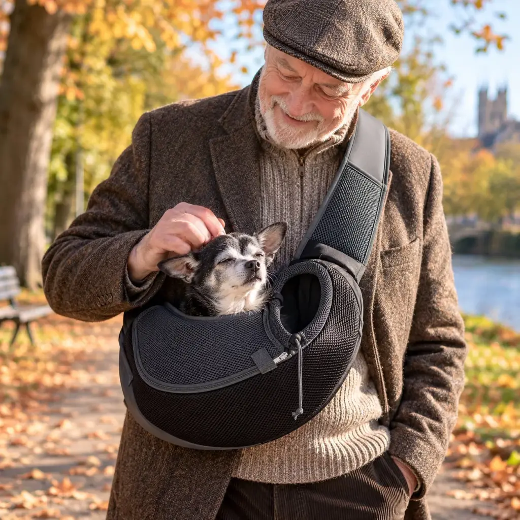 Älterer Mann trägt seinen betagten Chihuahua in der Tasche nach Hause
