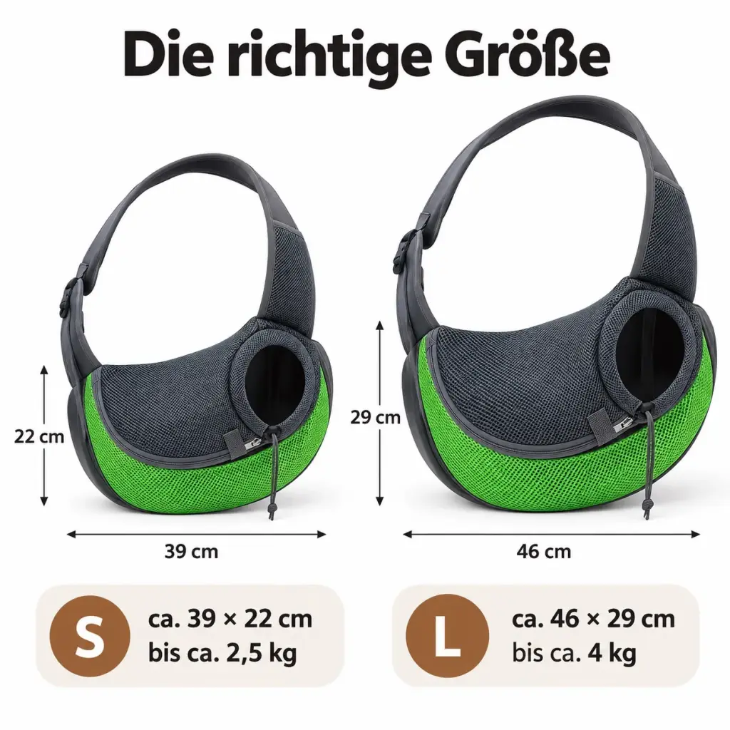 Größentabelle der Hundetragetasche S und L mit Gewicht