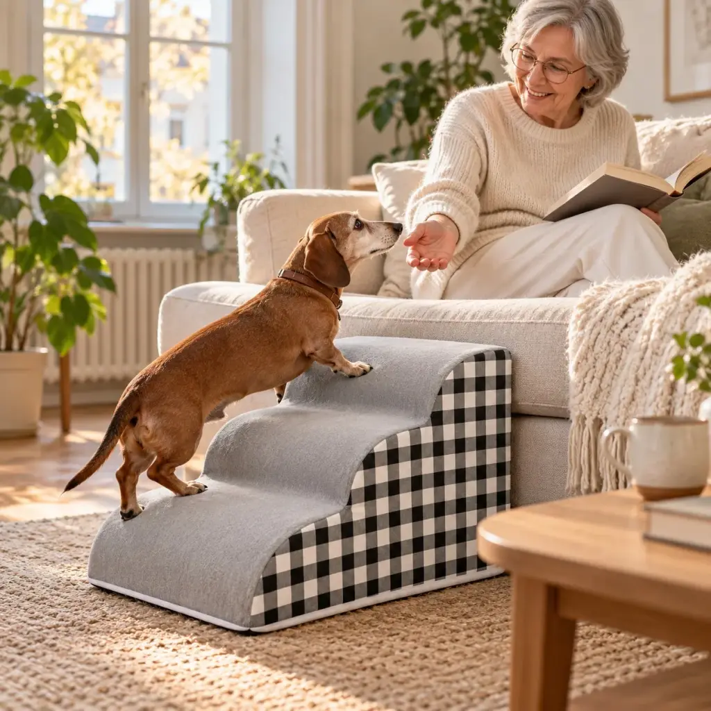 Älterer Dackel mit weißer Schnauze geht die Hundetreppe hinauf aufs Sofa zu seiner Besitzerin