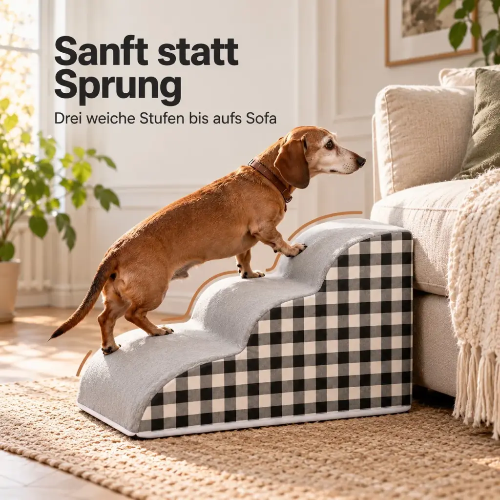 Seitenansicht der Hundetreppe mit sanft geschwungenen Stufen und Text Sanft statt Sprung