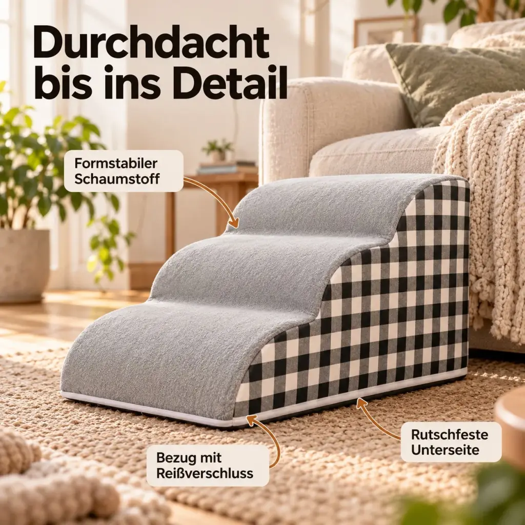Detailansicht der Hundetreppe mit Hinweisen auf rutschfeste Unterseite, Karo-Bezug und Schaumstoff
