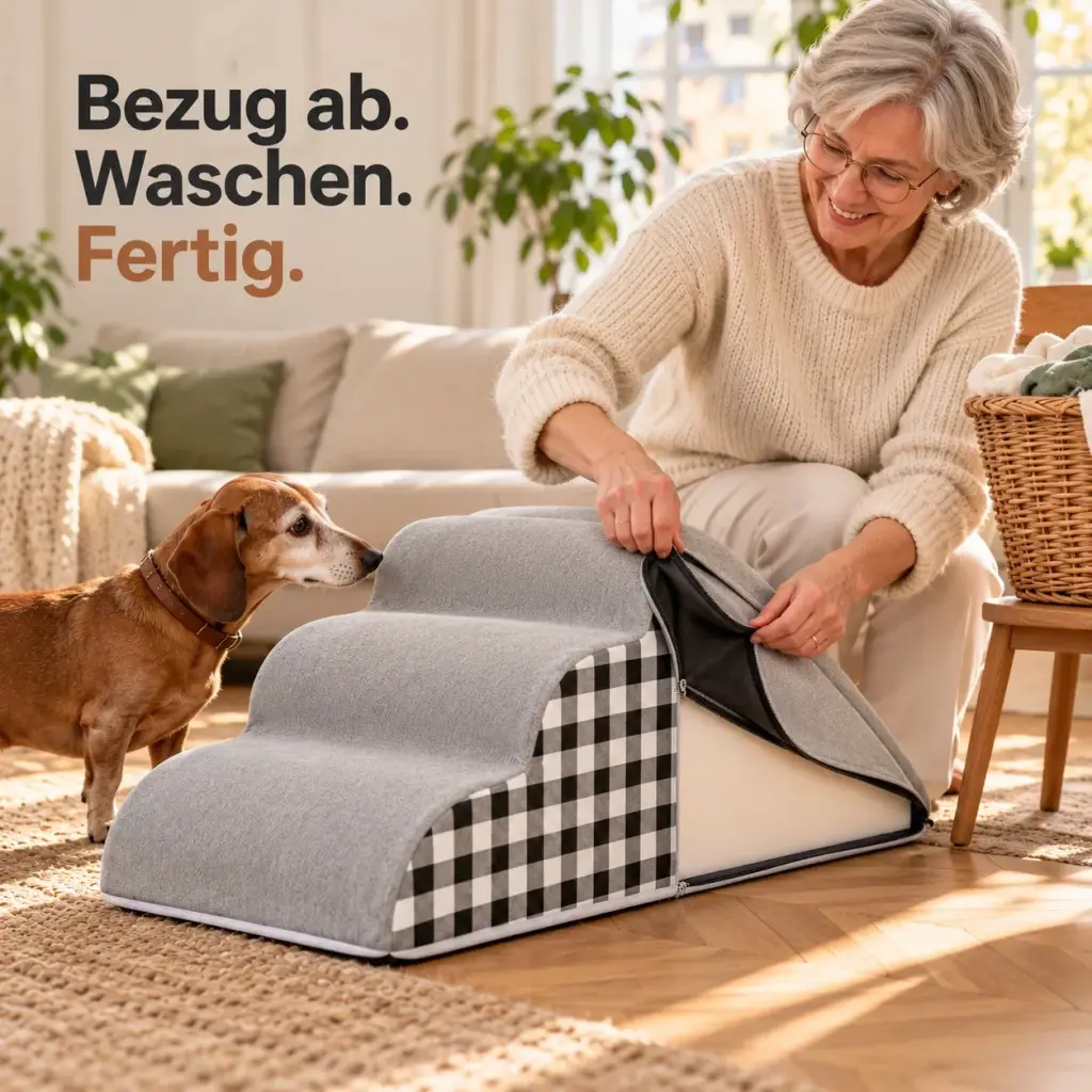 Hände öffnen den Reißverschluss und ziehen den waschbaren Bezug der Hundetreppe ab