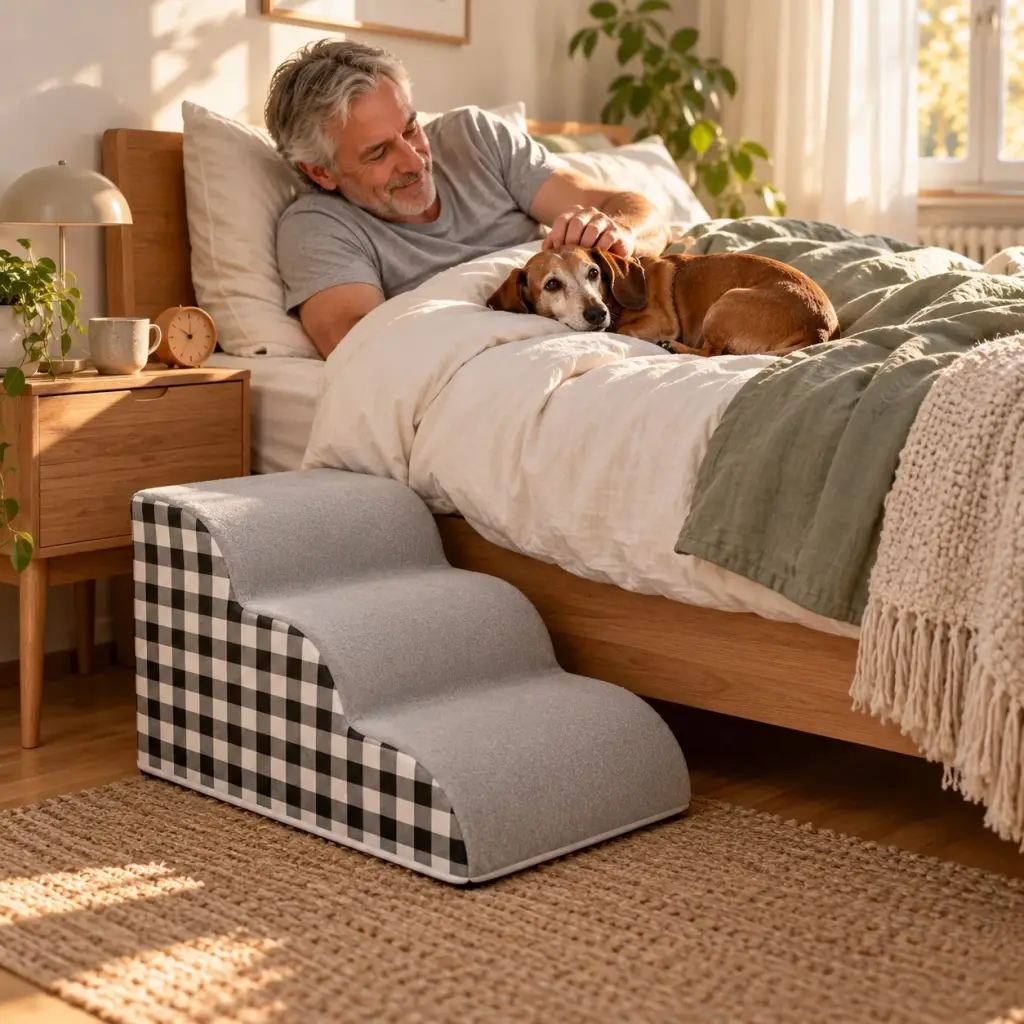 Dackel liegt morgens auf dem Bett neben der Hundetreppe, sein Besitzer streichelt ihn