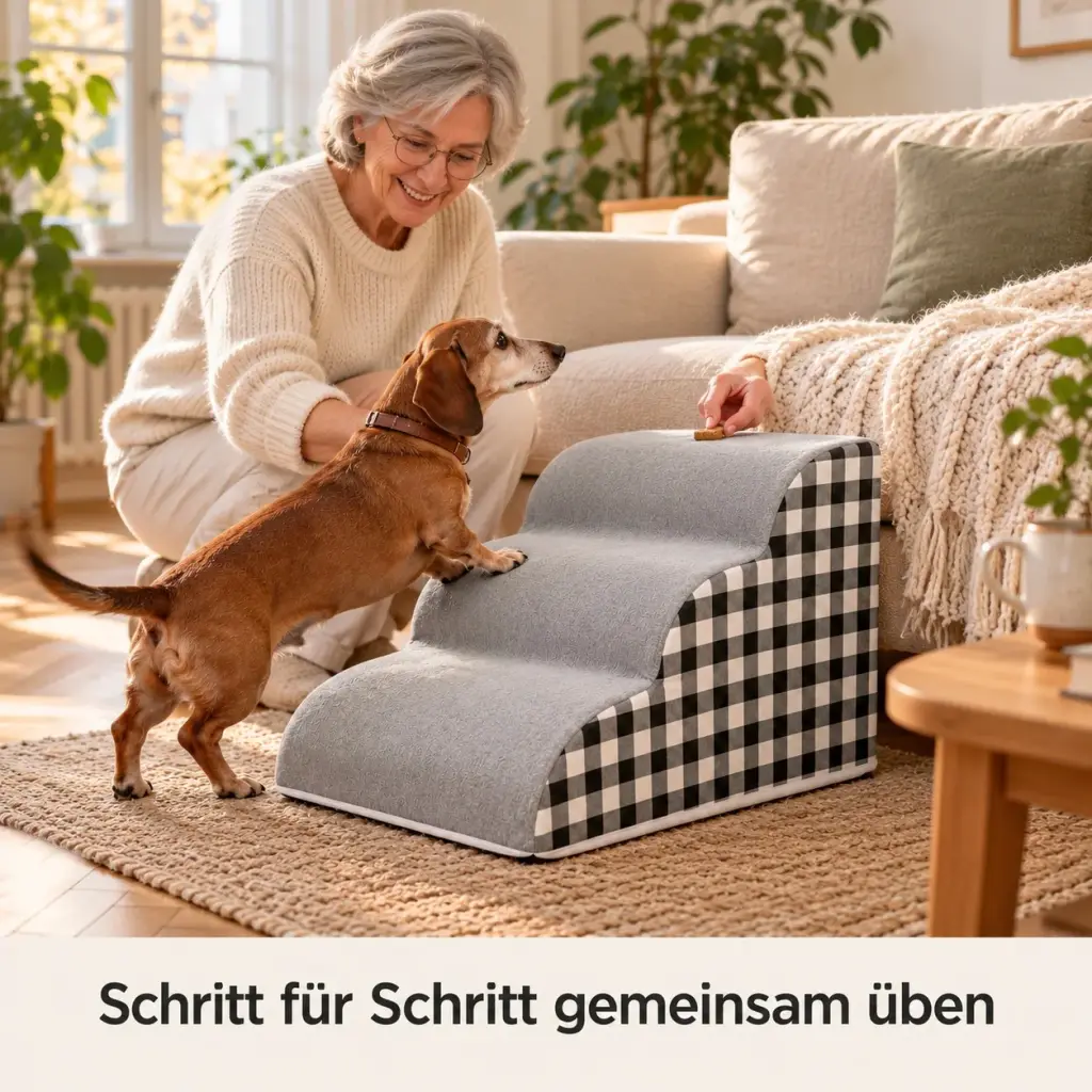 Besitzerin lockt den Dackel mit einem Leckerli die Stufen der Hundetreppe hinauf