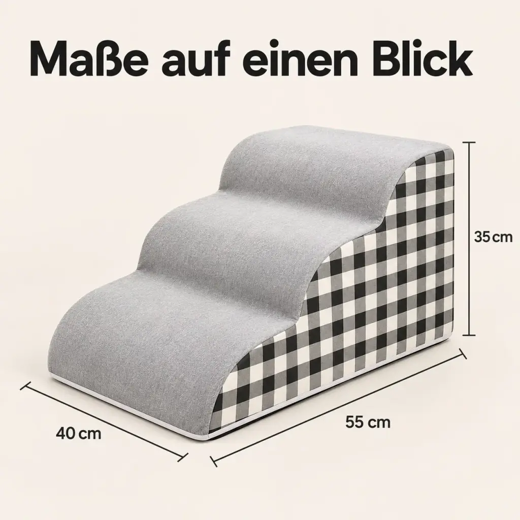 Maße der Hundetreppe: 55 cm lang, 40 cm breit, 35 cm hoch