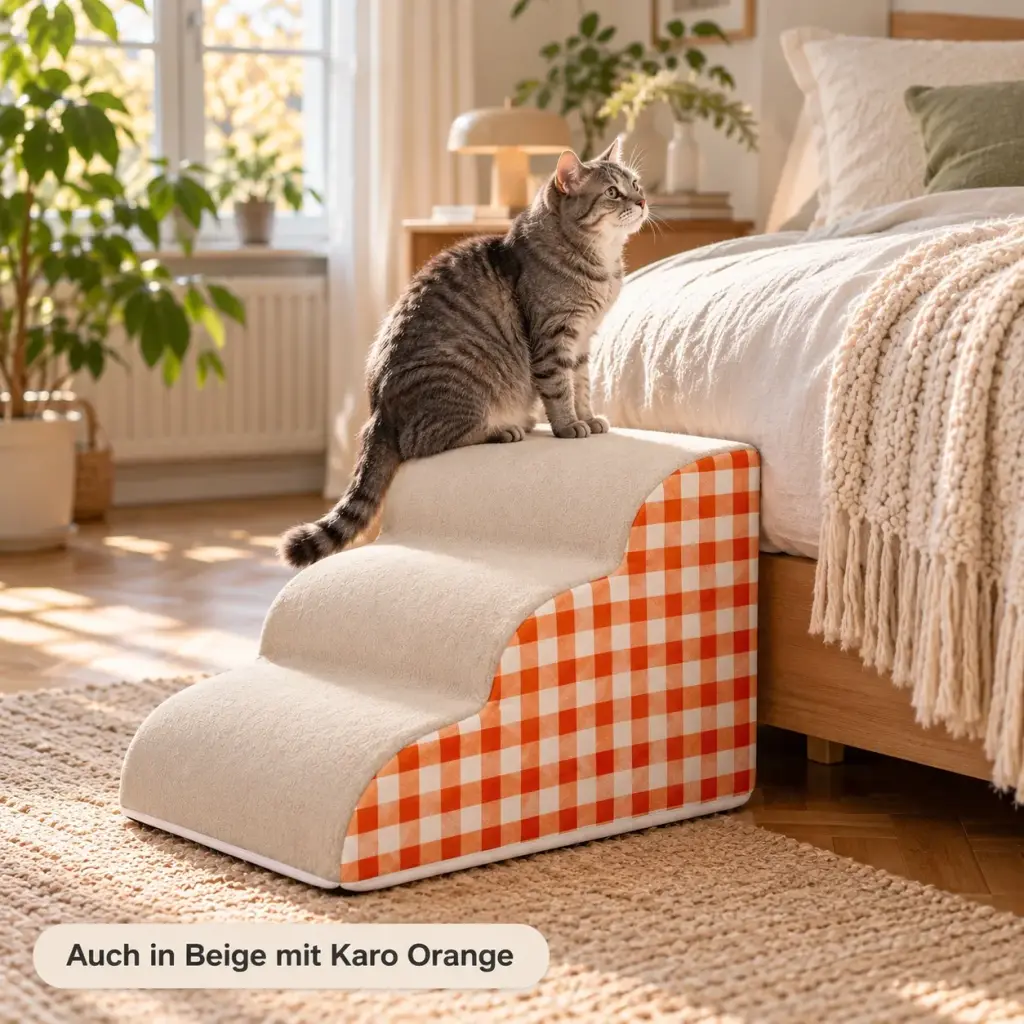 Hundetreppe in Beige mit orangem Karo neben einem Bett, eine ältere Katze sitzt auf der obersten Stufe