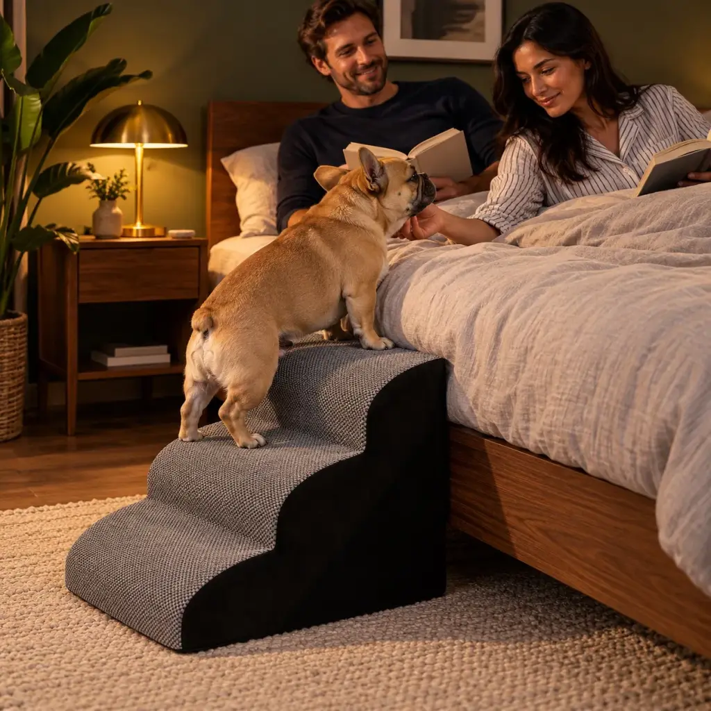 Älterer Hund nutzt eine Hundetreppe am Bett