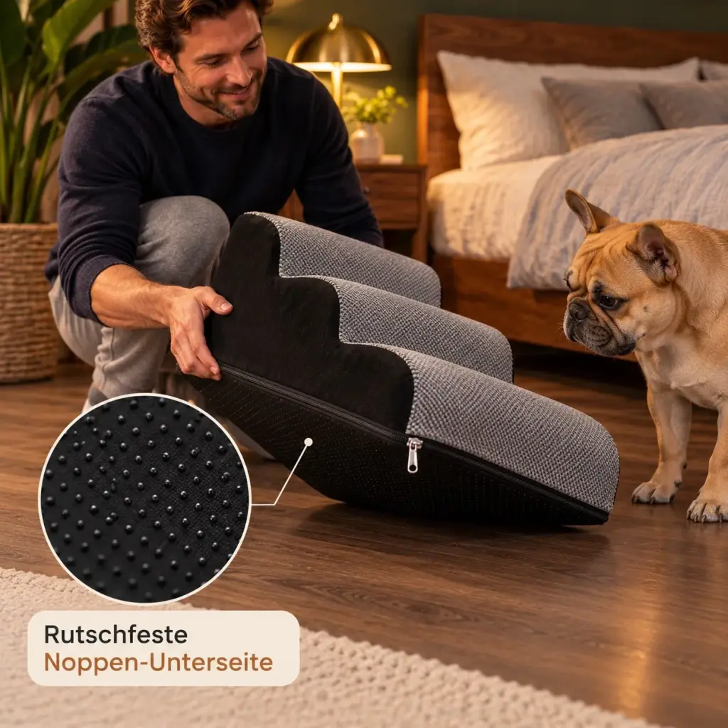 Unterseite der Hundetreppe mit rutschfester Noppenstruktur auf Parkett