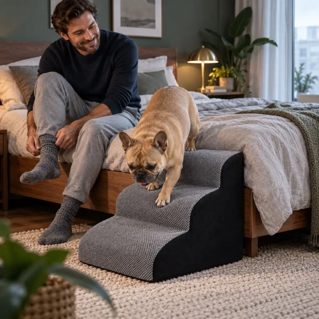 Französische Bulldogge geht morgens die Hundetreppe vom Bett hinunter