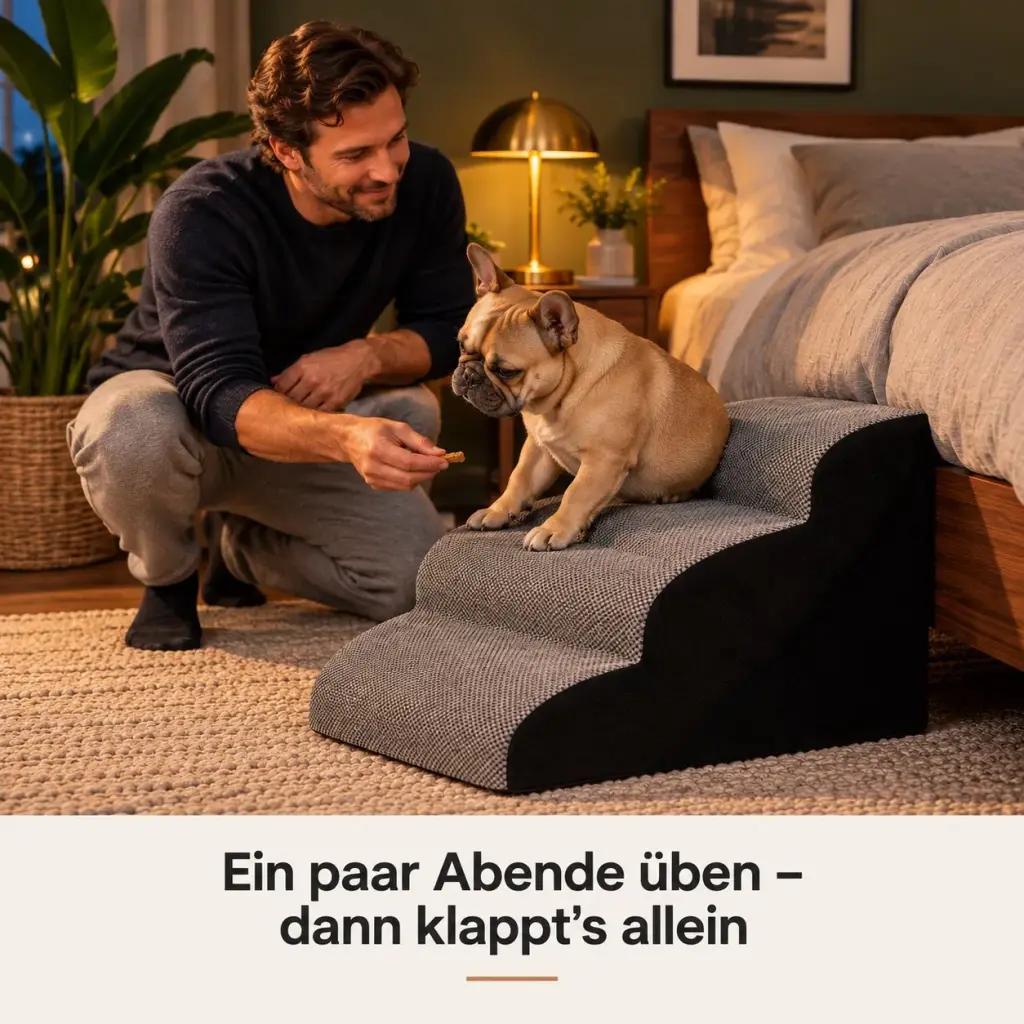 Mann übt mit seiner Französischen Bulldogge die Treppe ans Bett mit einem Leckerli