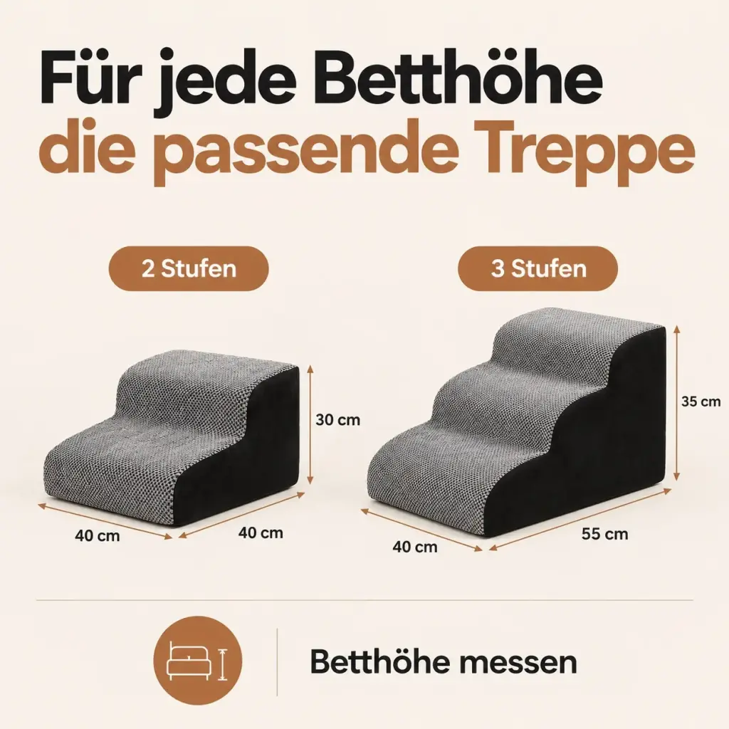 Maße der Hundetreppe: 2 Stufen 40 × 40 × 30 cm und 3 Stufen 55 × 40 × 35 cm