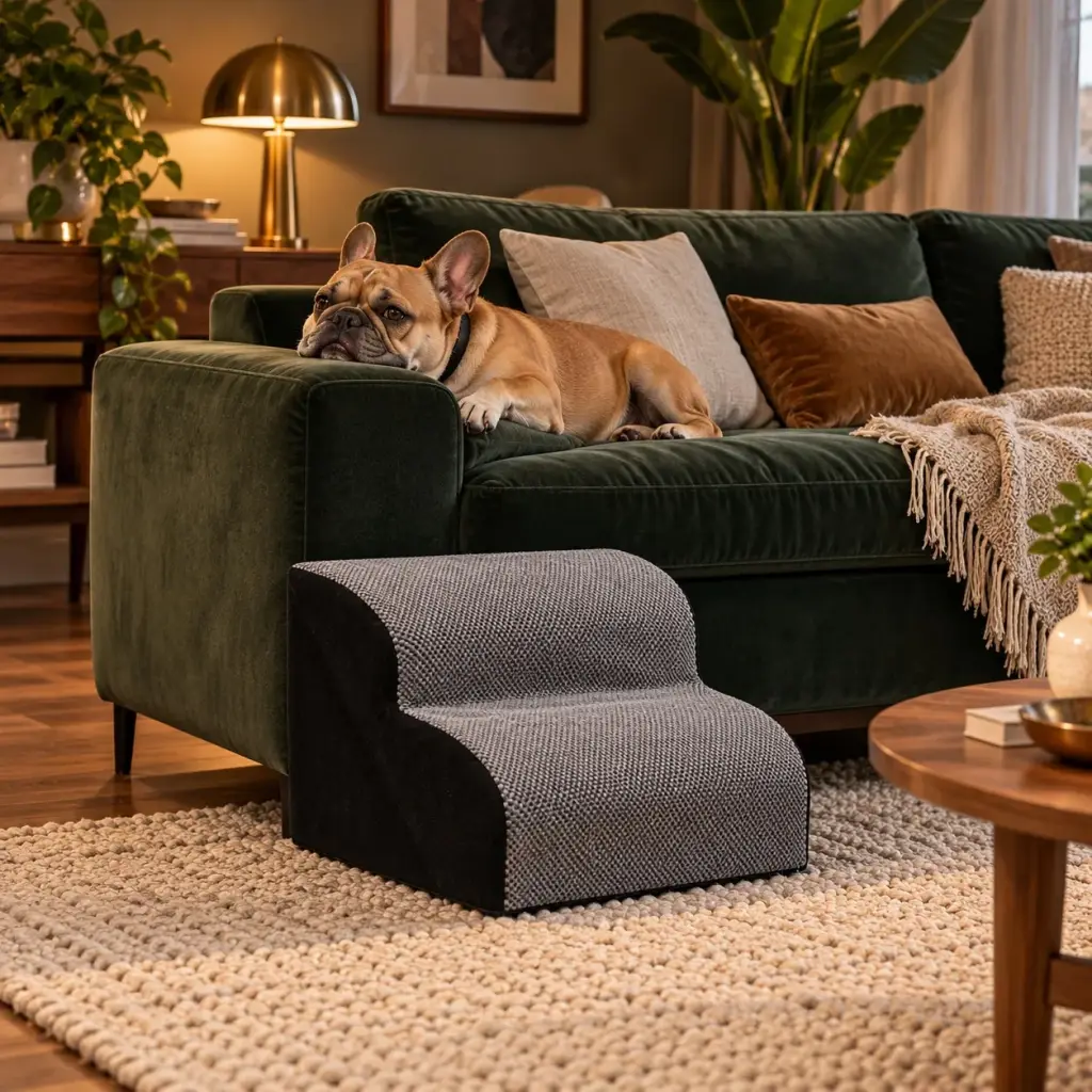 Hundetreppe in Graphit vor einem dunkelgrünen Sofa im Wohnzimmer
