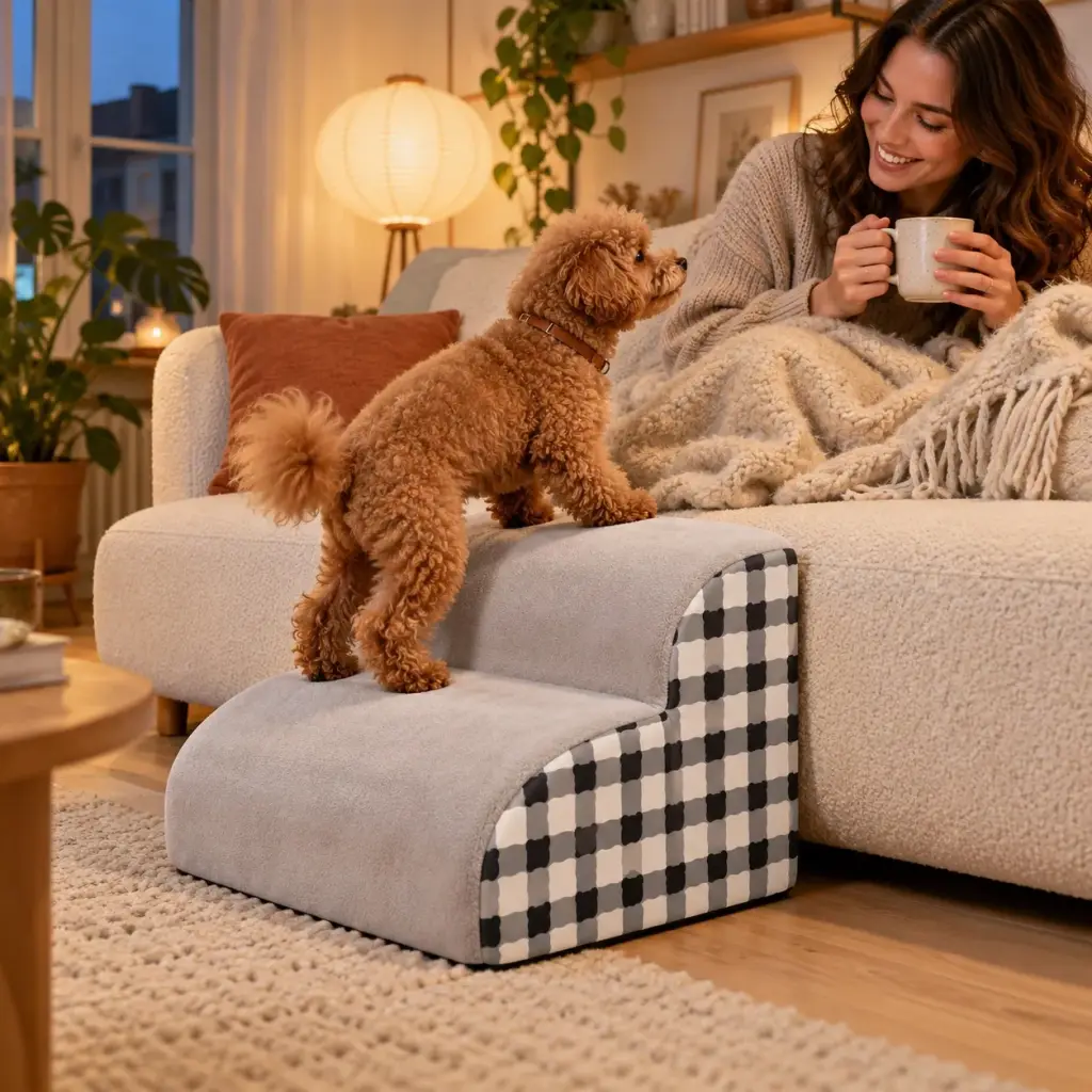 Apricotfarbener Toy-Pudel geht die Hundetreppe hinauf aufs Sofa zu seiner Besitzerin