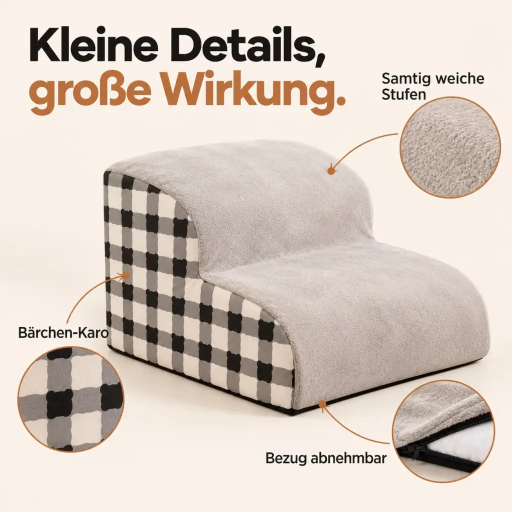 Detailansicht des Bärchen-Karos, der weichen Trittfläche und der Unterkante