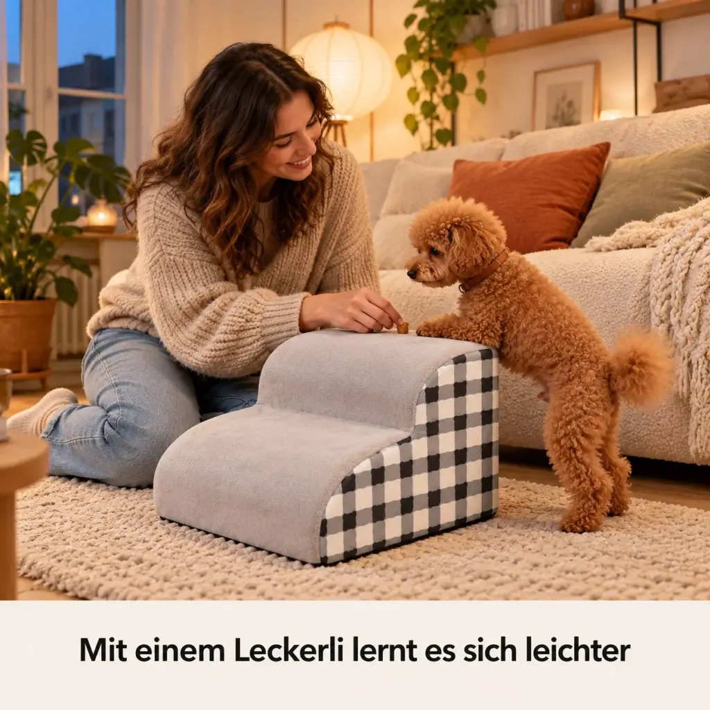 Besitzerin legt ein Leckerli auf die Hundetreppe, der Pudel klettert hinauf