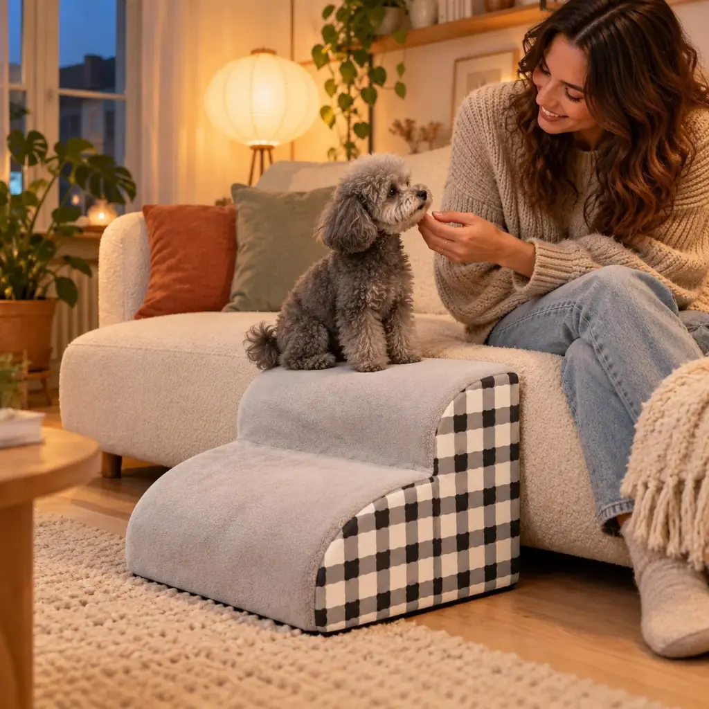 Welpe sitzt auf der obersten Stufe der Hundetreppe neben einer jungen Frau auf dem Sofa