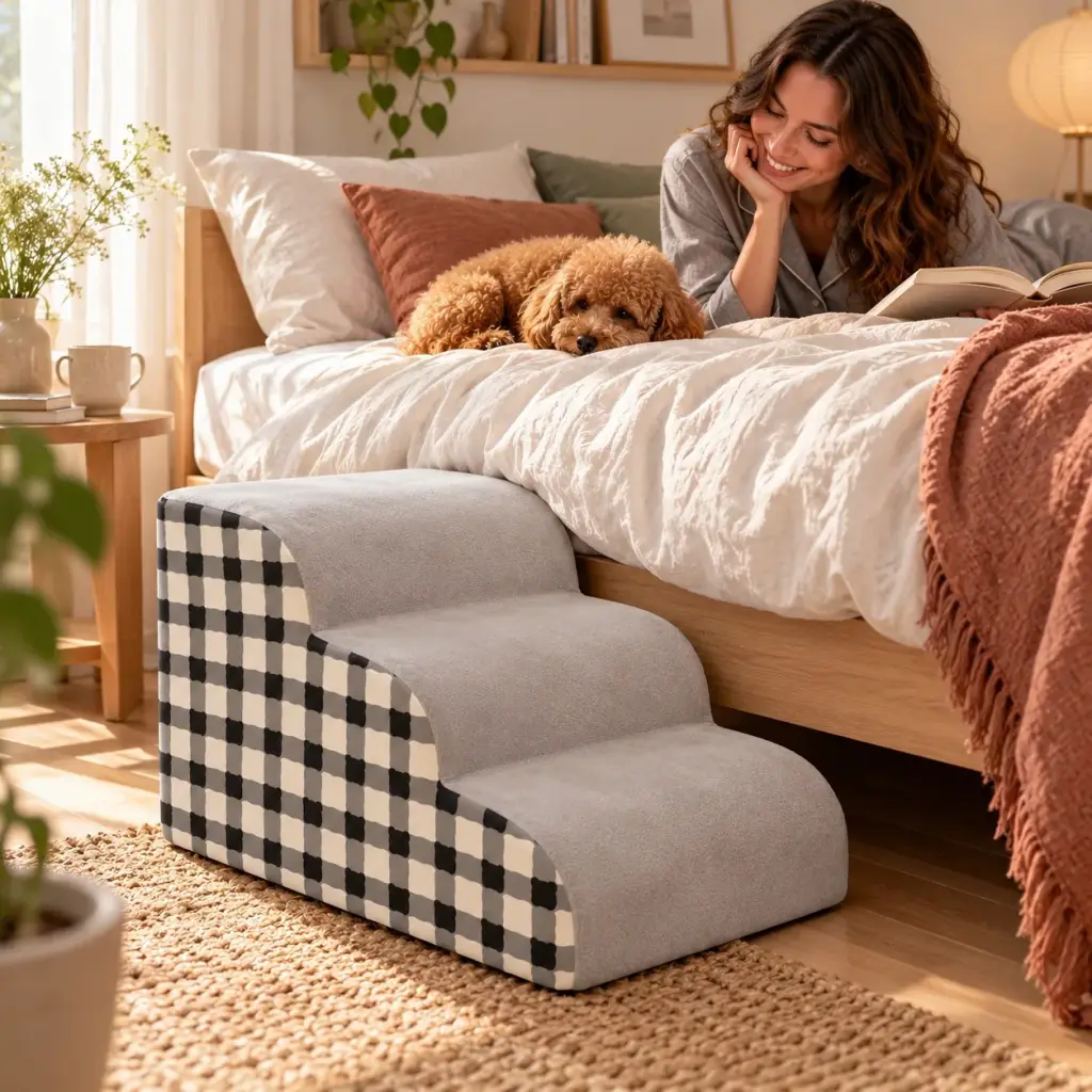 Pudel auf dem Bett neben der Hundetreppe mit 3 Stufen am Sonntagmorgen