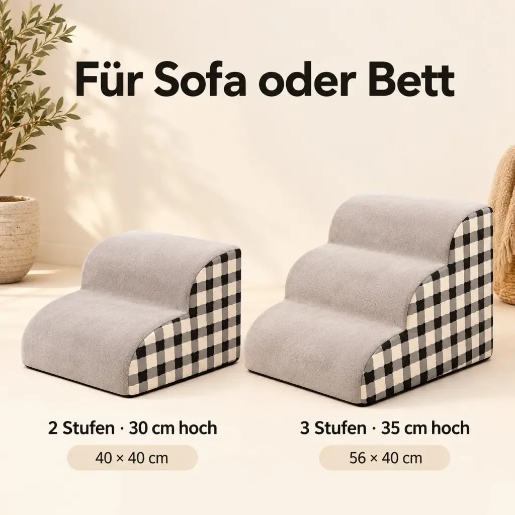 Vergleich Hundetreppe mit 2 Stufen 30 cm und 3 Stufen 35 cm hoch mit Maßen