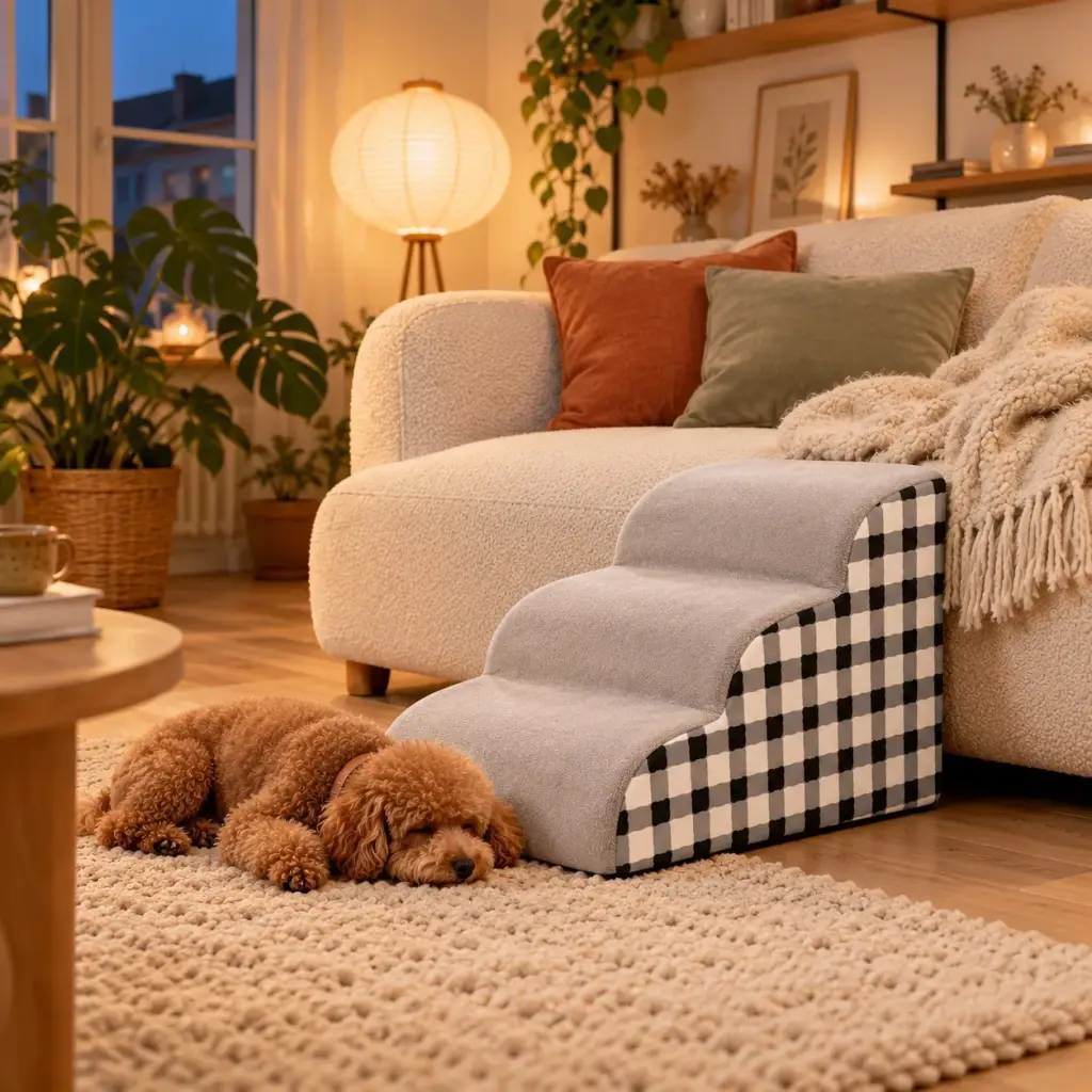Hundetreppe mit 3 Stufen im Bärchen-Karo in einem hellen Wohnzimmer