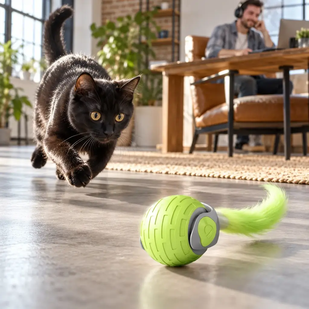 Schwarze Katze jagt den rollenden Ball durchs Wohnzimmer, Mann telefoniert im Hintergrund