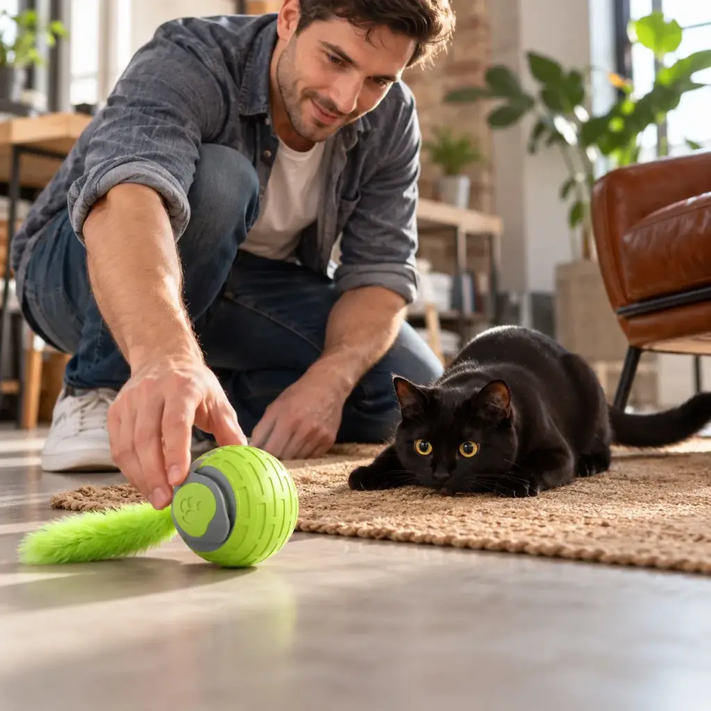 Mann setzt den Ball auf den Boden, seine Katze beobachtet ihn