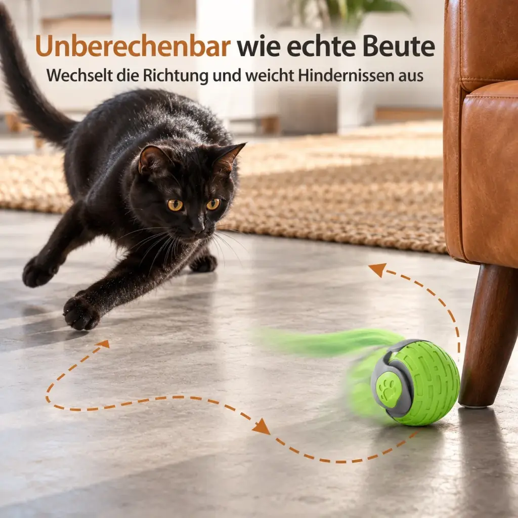 Ball wechselt die Richtung, Katze setzt zum Sprung an
