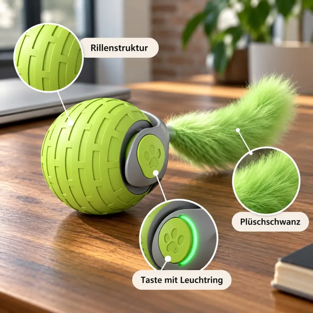 Details des Balls: Rillenstruktur, Laufring, Plüschschwanz