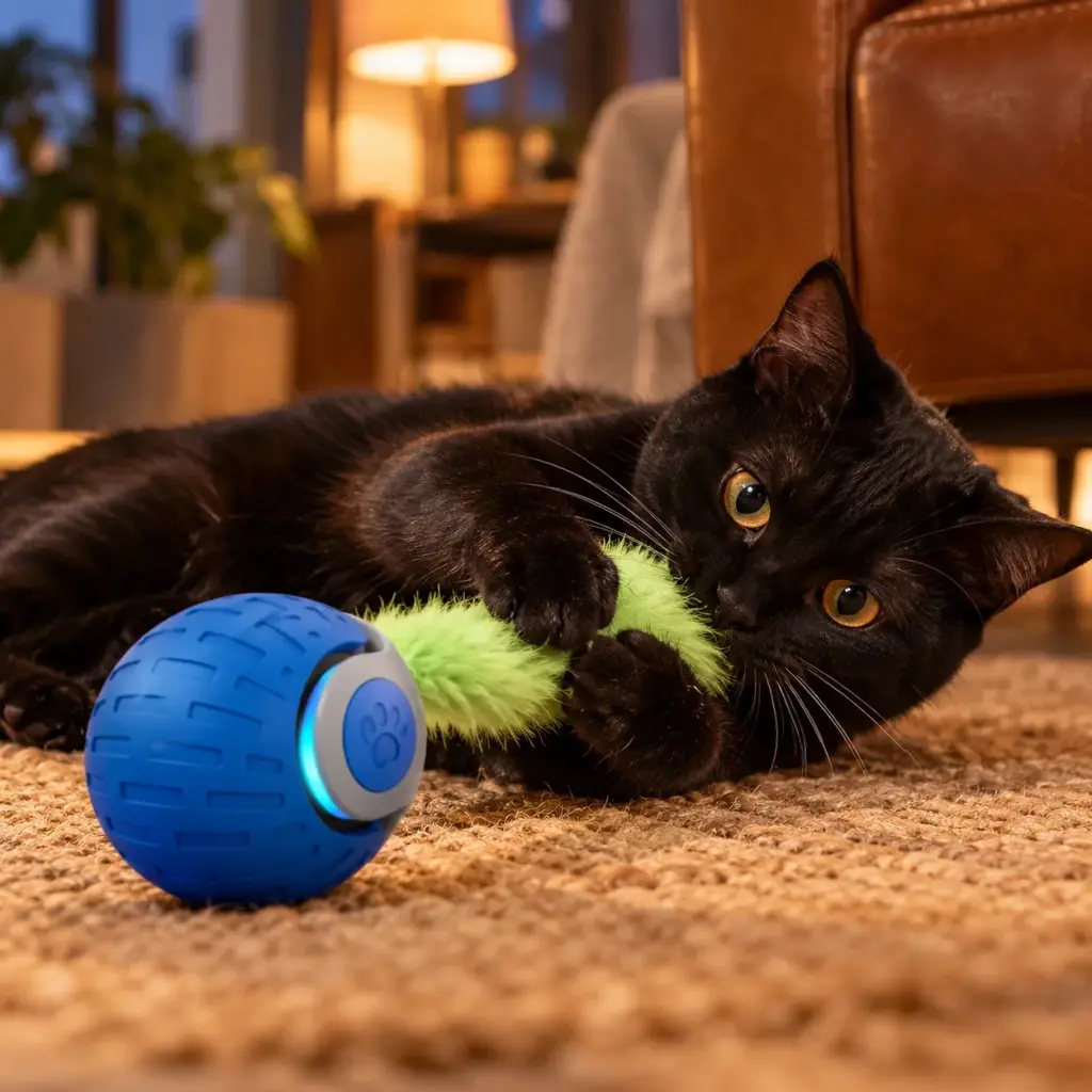 Katze spielt am Abend mit dem leuchtenden Ball