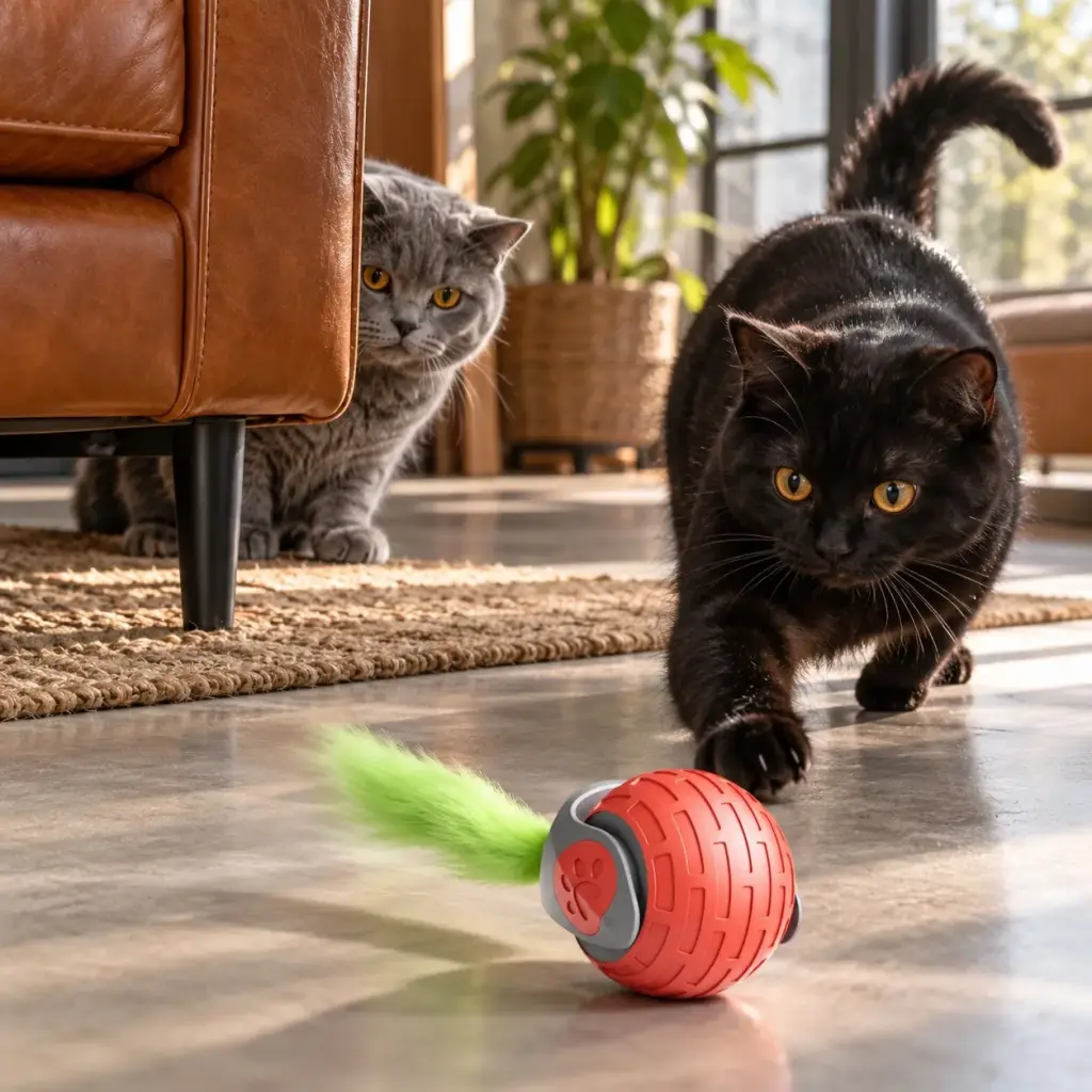 Zwei Katzen jagen gemeinsam den Ball